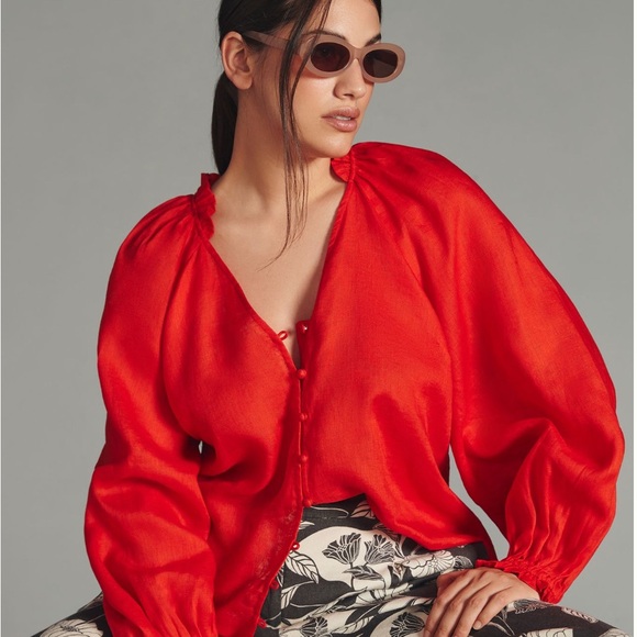 Maeve the Audie Linen Puff Sleeve Blouse - Picture 5 of 6